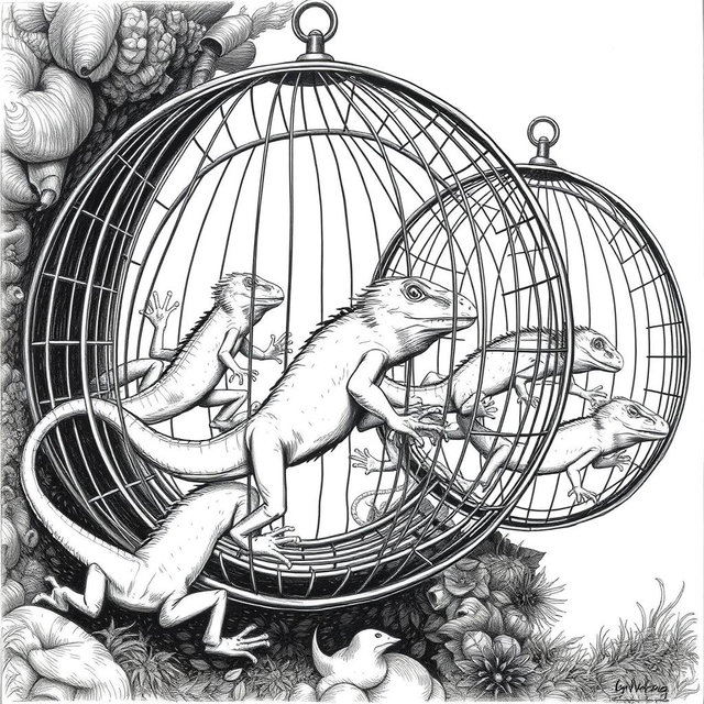 A striking black and white drawing featuring large lizards energetically running inside circular cages that resemble squirrel cages