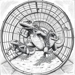 A striking black and white drawing featuring large lizards energetically running inside circular cages that resemble squirrel cages