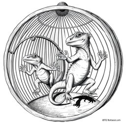 A striking black and white drawing featuring large lizards energetically running inside circular cages that resemble squirrel cages