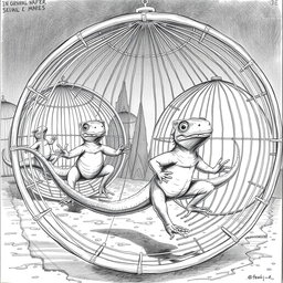 A striking black and white drawing featuring large lizards energetically running inside circular cages that resemble squirrel cages
