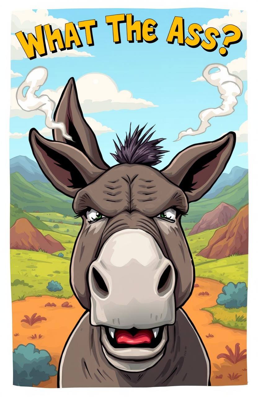 A vivid illustration of an extremely angry donkey with steam visibly coming out of its ears, reflecting its furious expression