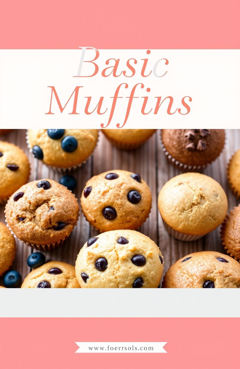 A stylish book cover for a baking book titled 'Basic Muffins'