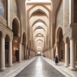 An architectural design of a traditional souq with a central axis, featuring ornate archways, intricate mosaics, and bustling stalls.