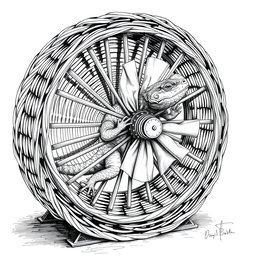 A detailed black and white drawing depicting a large lizard energetically running inside a circular wicker wheel that serves as both a cage and a propulsion mechanism