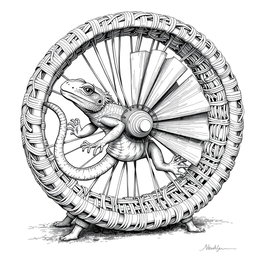 A detailed black and white drawing depicting a large lizard energetically running inside a circular wicker wheel that serves as both a cage and a propulsion mechanism