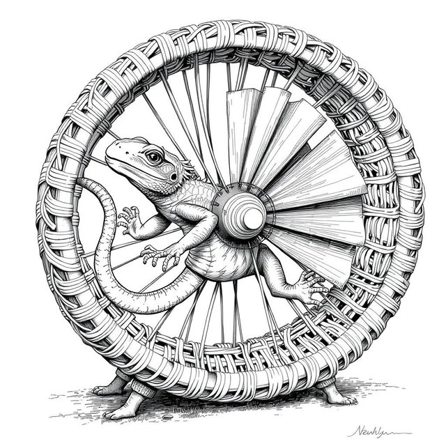 A detailed black and white drawing depicting a large lizard energetically running inside a circular wicker wheel that serves as both a cage and a propulsion mechanism