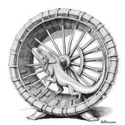 A detailed black and white drawing depicting a large lizard energetically running inside a circular wicker wheel that serves as both a cage and a propulsion mechanism