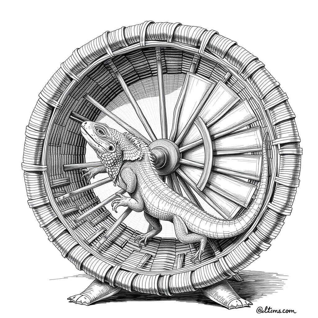 A detailed black and white drawing depicting a large lizard energetically running inside a circular wicker wheel that serves as both a cage and a propulsion mechanism