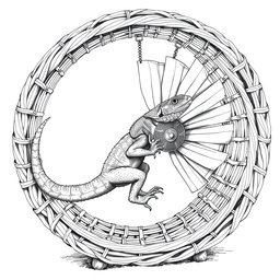 A detailed black and white drawing depicting a large lizard energetically running inside a circular wicker wheel that serves as both a cage and a propulsion mechanism