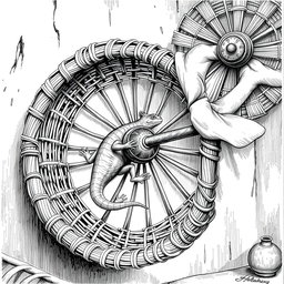 A detailed black and white drawing featuring a large lizard energetically running inside a circular wicker wheel, which serves as both a cage and a propulsion mechanism