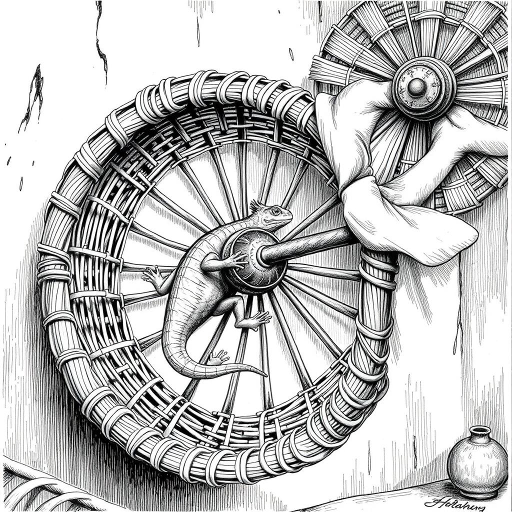 A detailed black and white drawing featuring a large lizard energetically running inside a circular wicker wheel, which serves as both a cage and a propulsion mechanism