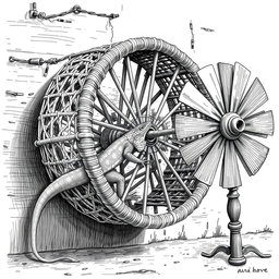 A detailed black and white drawing featuring a large lizard energetically running inside a circular wicker wheel, which serves as both a cage and a propulsion mechanism