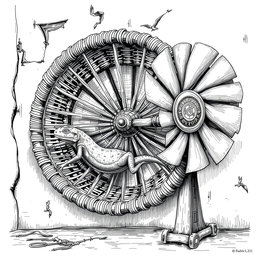 A detailed black and white drawing featuring a large lizard energetically running inside a circular wicker wheel, which serves as both a cage and a propulsion mechanism