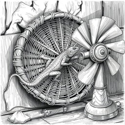 A detailed black and white drawing featuring a large lizard energetically running inside a circular wicker wheel, which serves as both a cage and a propulsion mechanism