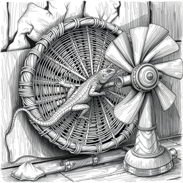 A detailed black and white drawing featuring a large lizard energetically running inside a circular wicker wheel, which serves as both a cage and a propulsion mechanism