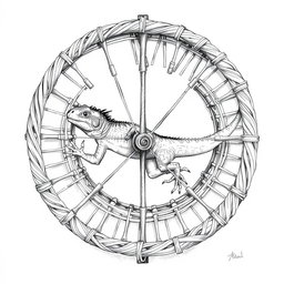 A detailed black and white drawing featuring a large lizard sprinting energetically inside a circular wicker wheel that serves as both a cage and a propulsion mechanism