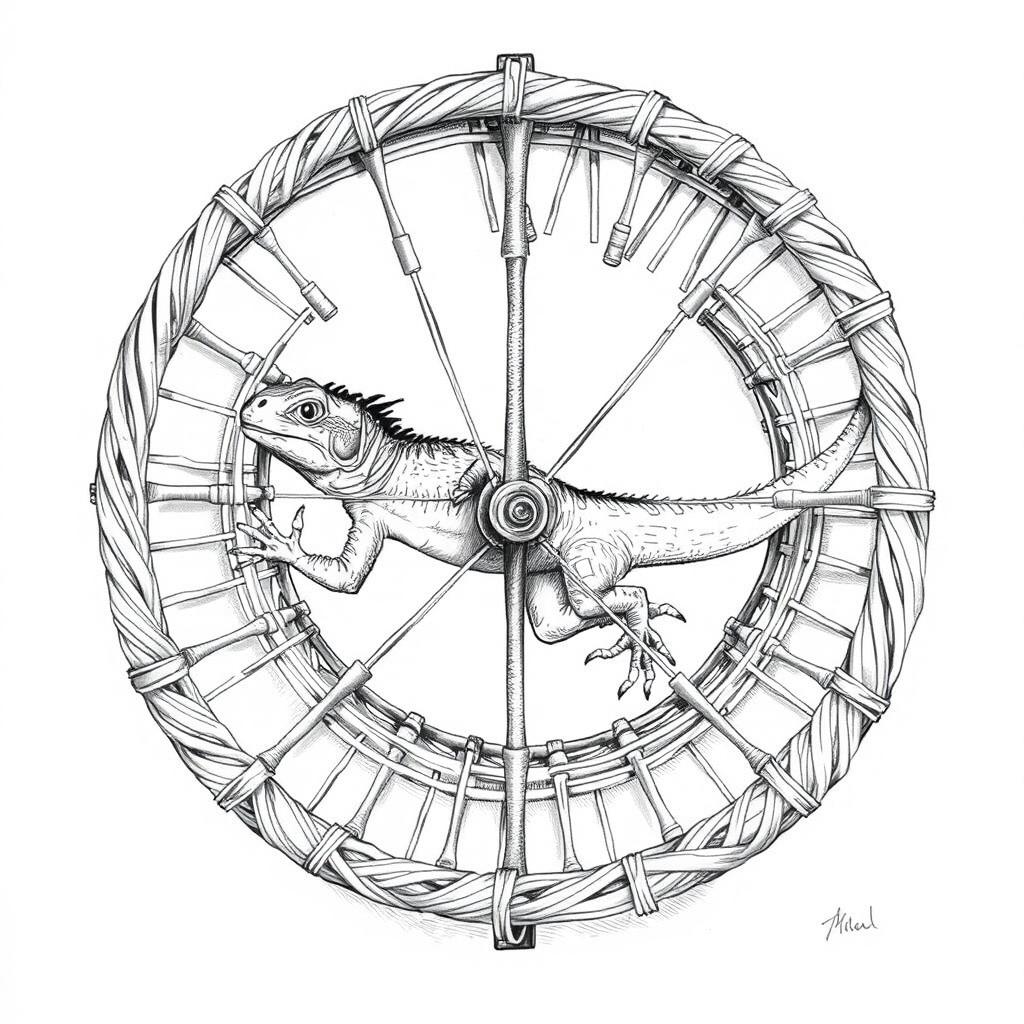 A detailed black and white drawing featuring a large lizard sprinting energetically inside a circular wicker wheel that serves as both a cage and a propulsion mechanism