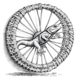 A detailed black and white drawing featuring a large lizard sprinting energetically inside a circular wicker wheel that serves as both a cage and a propulsion mechanism