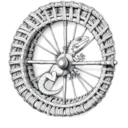 A detailed black and white drawing featuring a large lizard sprinting energetically inside a circular wicker wheel that serves as both a cage and a propulsion mechanism