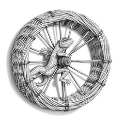A detailed black and white drawing featuring a large lizard sprinting energetically inside a circular wicker wheel that serves as both a cage and a propulsion mechanism