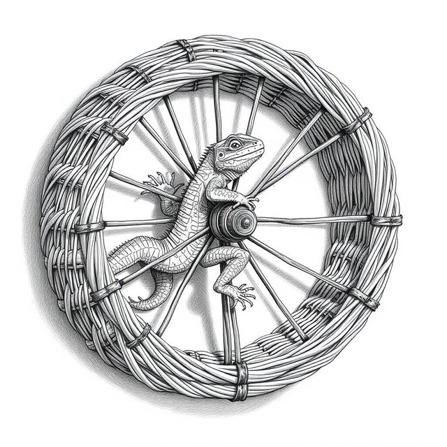 A detailed black and white drawing featuring a large lizard sprinting energetically inside a circular wicker wheel that serves as both a cage and a propulsion mechanism