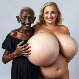 An elderly African woman, appearing malnourished with decayed teeth and an age of 150 years, wearing a long, fully closed black dress