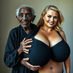 An elderly African woman, appearing malnourished with decayed teeth and an age of 150 years, wearing a long, fully closed black dress