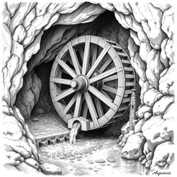 A detailed black and white drawing of a large wooden water wheel operating within a cave, harnessing the flow of an underground small river