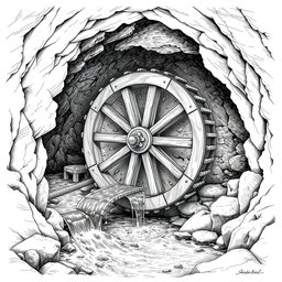 A detailed black and white drawing of a large wooden water wheel operating within a cave, harnessing the flow of an underground small river