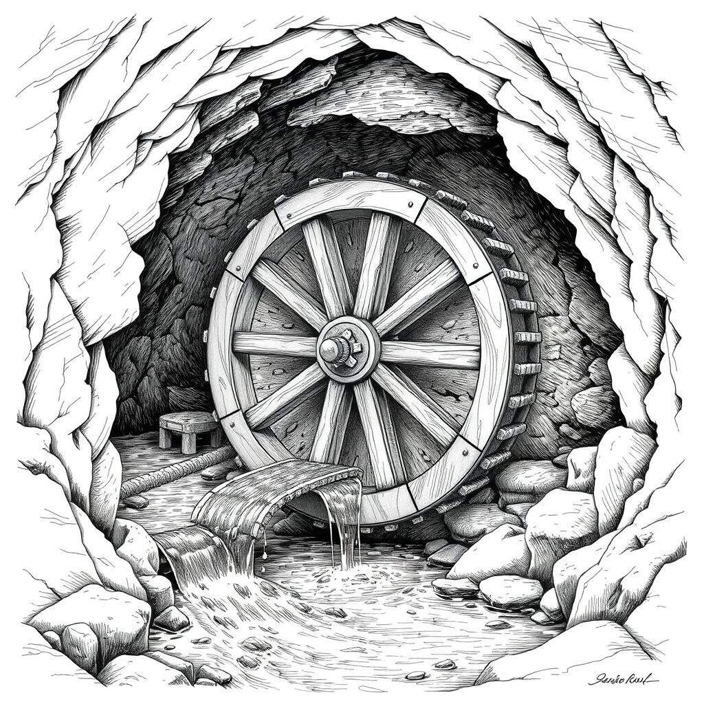 A detailed black and white drawing of a large wooden water wheel operating within a cave, harnessing the flow of an underground small river