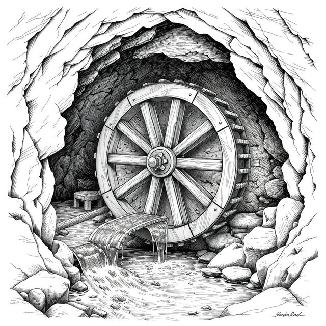 A detailed black and white drawing of a large wooden water wheel operating within a cave, harnessing the flow of an underground small river