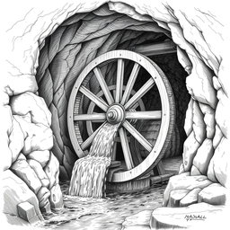 A detailed black and white drawing of a large wooden water wheel operating within a cave, harnessing the flow of an underground small river