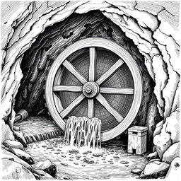 A detailed black and white drawing of a large wooden water wheel operating within a cave, harnessing the flow of an underground small river
