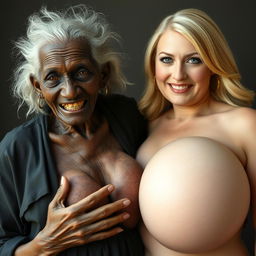 An elderly African woman, showing signs of malnutrition with decayed teeth, appearing 150 years old, clad in a long, fully closed black dress