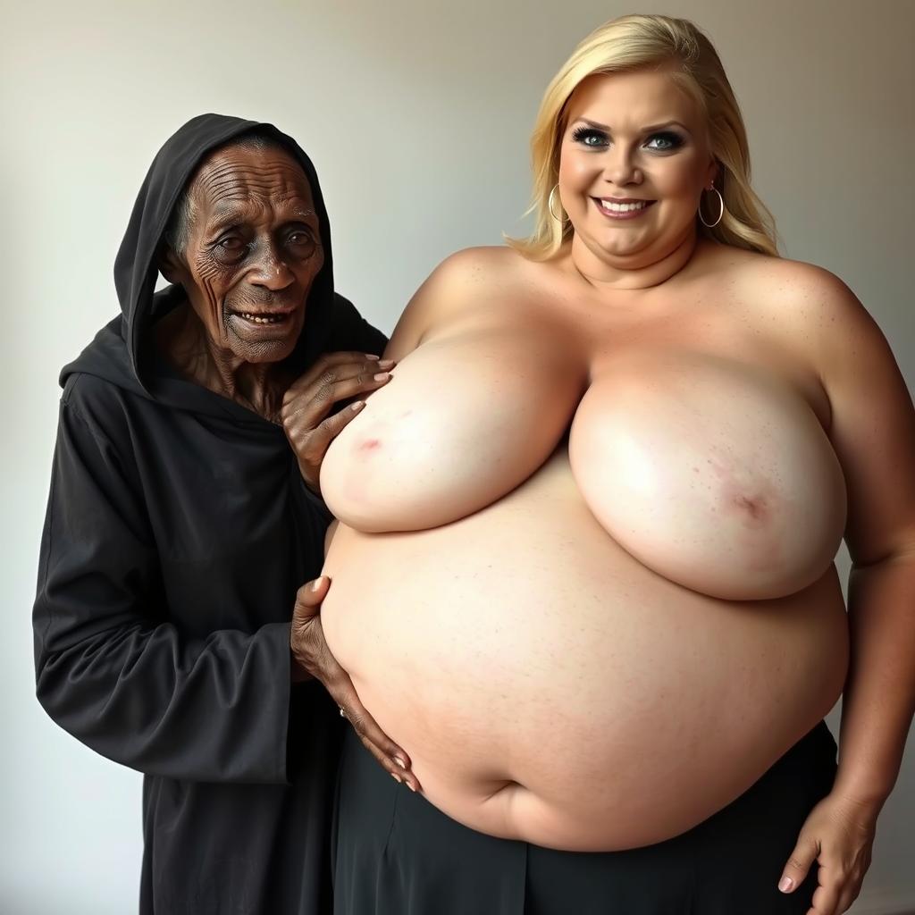 An elderly African woman, appearing malnourished with decayed teeth at 150 years old, dressed in a long, fully closed black dress with a hood