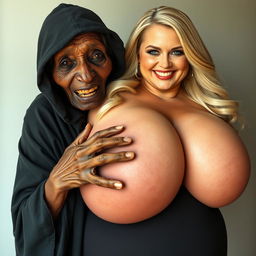 An elderly African woman, showing signs of malnutrition with decayed teeth, appearing 150 years old, dressed in a long, fully closed black dress with a hood