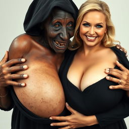 An elderly African woman, showing signs of malnutrition with decayed teeth, appearing 150 years old, dressed in a long, fully closed black dress with a hood