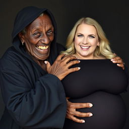 An elderly African woman, showing signs of malnutrition with decayed teeth, appearing 150 years old, dressed in a long, fully closed black dress with a hood