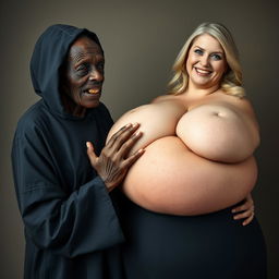 An elderly African woman, showing signs of malnutrition with decayed teeth, appearing 150 years old, dressed in a long, fully closed black dress with a hood