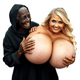 An elderly African woman, showing signs of malnutrition with decayed teeth, appearing 150 years old, dressed in a long, fully closed black dress with a hood