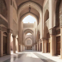 An architectural design of a traditional souq with a central axis, featuring ornate archways, intricate mosaics, and bustling stalls.