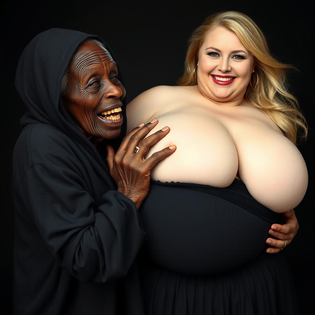 An elderly African woman, showing signs of malnutrition with decayed teeth, appearing 150 years old, dressed in a long, fully closed black dress with a hood