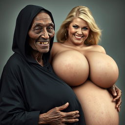 An elderly African woman, showing signs of malnutrition with decayed teeth, appearing 150 years old, dressed in a long, fully closed black dress with a hood