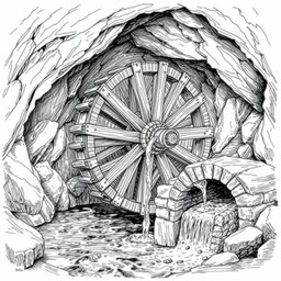 A detailed black and white drawing of a large wooden water wheel functioning within a cave, harnessing the flow of an underground small river