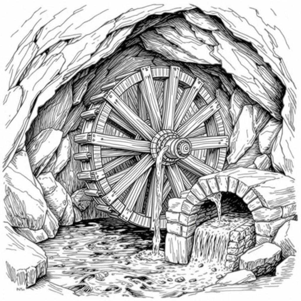 A detailed black and white drawing of a large wooden water wheel functioning within a cave, harnessing the flow of an underground small river