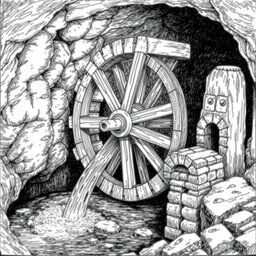 A detailed black and white drawing of a large wooden water wheel functioning within a cave, harnessing the flow of an underground small river