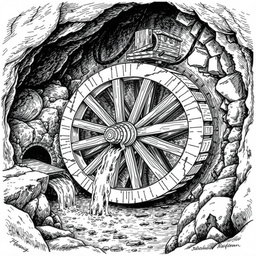 A detailed black and white drawing of a large wooden water wheel functioning within a cave, harnessing the flow of an underground small river