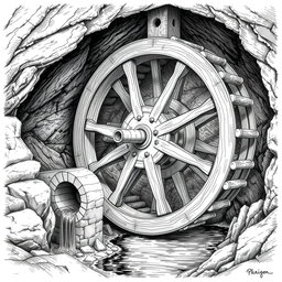 A detailed black and white drawing of a large wooden water wheel functioning within a cave, harnessing the flow of an underground small river