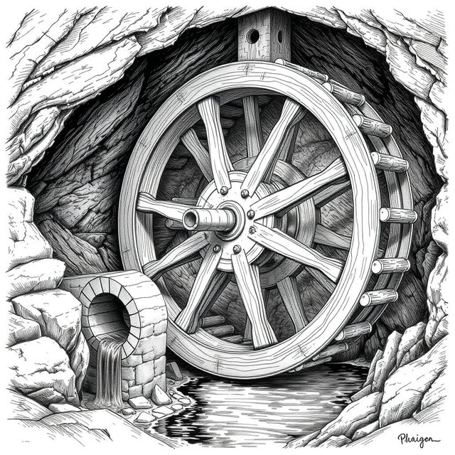A detailed black and white drawing of a large wooden water wheel functioning within a cave, harnessing the flow of an underground small river