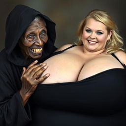 An elderly African woman, showing signs of malnutrition with decayed teeth, appearing 150 years old, dressed in a long, fully closed black dress with a hood